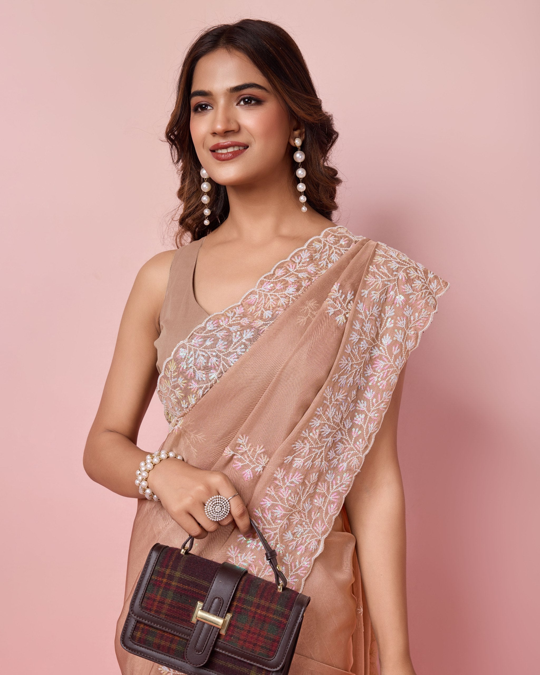 Taby Silk Beige Saree with Sequin Embroidery Work and Matching Unstitched Blouse Colorful Saree