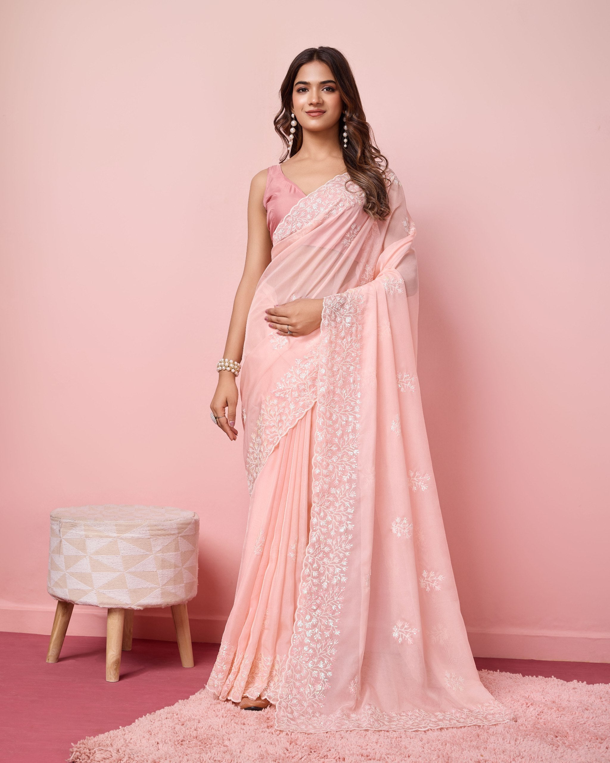 Taby Silk Peach Saree with Sequin Embroidery Work and Matching Unstitched Blouse Colorful Saree