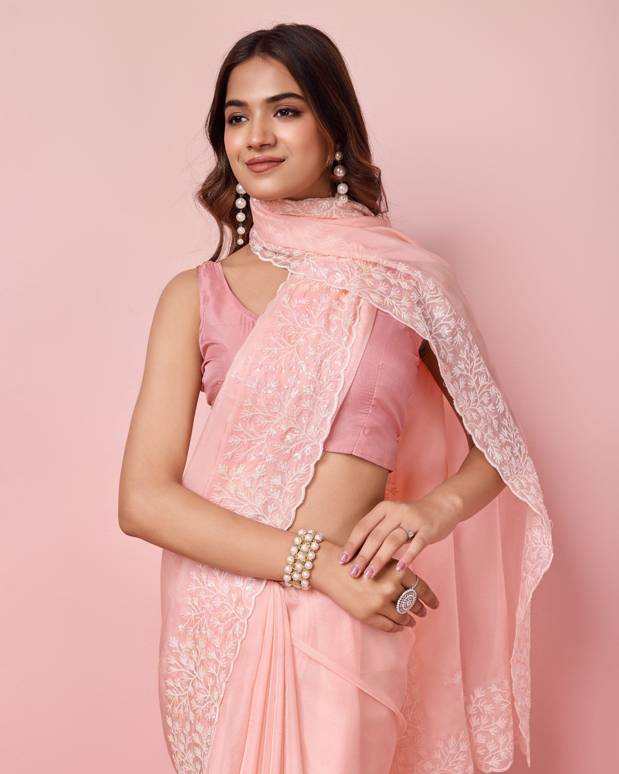 Taby Silk Peach Saree with Sequin Embroidery Work and Matching Unstitched Blouse Colorful Saree