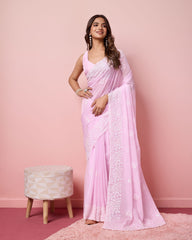 Taby Silk Pink Saree with Sequin Embroidery Work and Matching Unstitched Blouse Colorful Saree