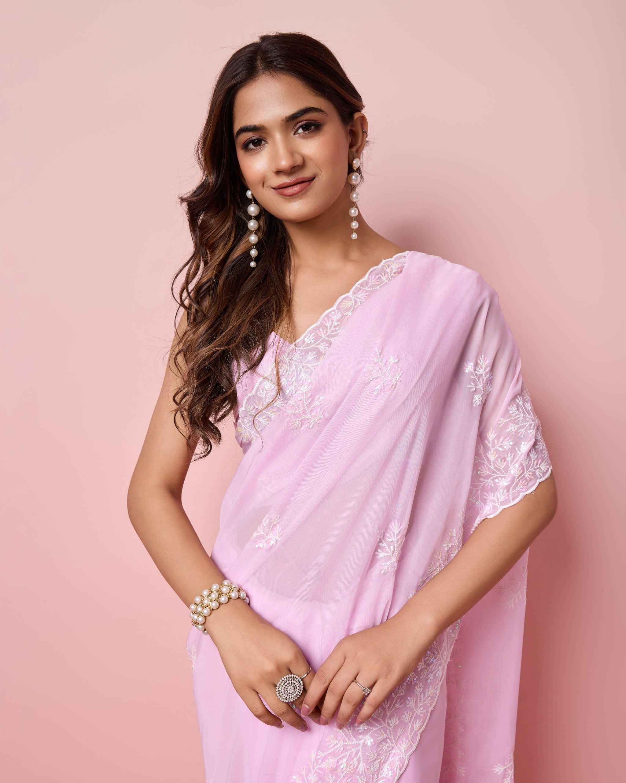 Taby Silk Pink Saree with Sequin Embroidery Work and Matching Unstitched Blouse Colorful Saree