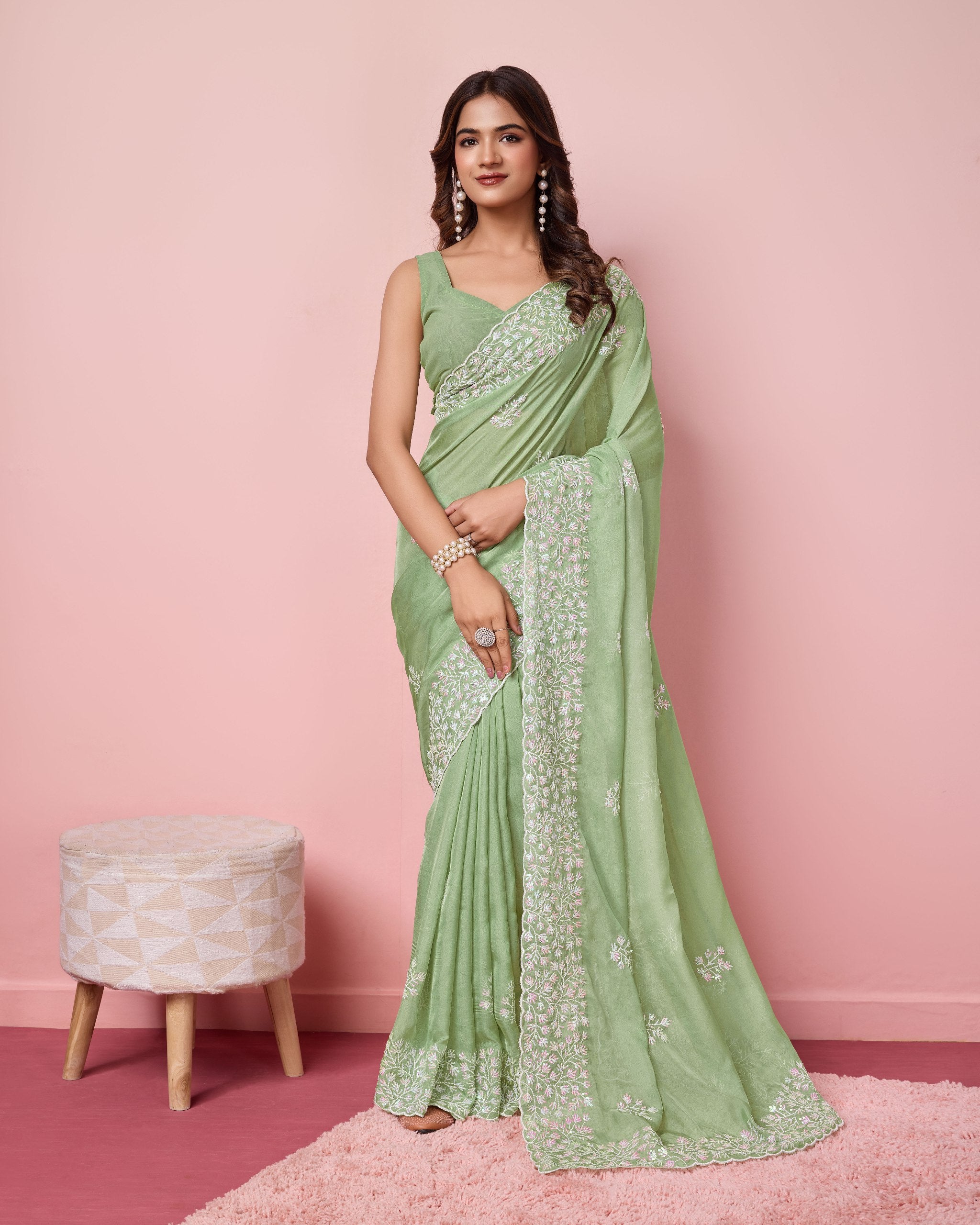 Taby Silk Pista Green Saree with Sequin Embroidery Work and Matching Unstitched Blouse Colorful Saree