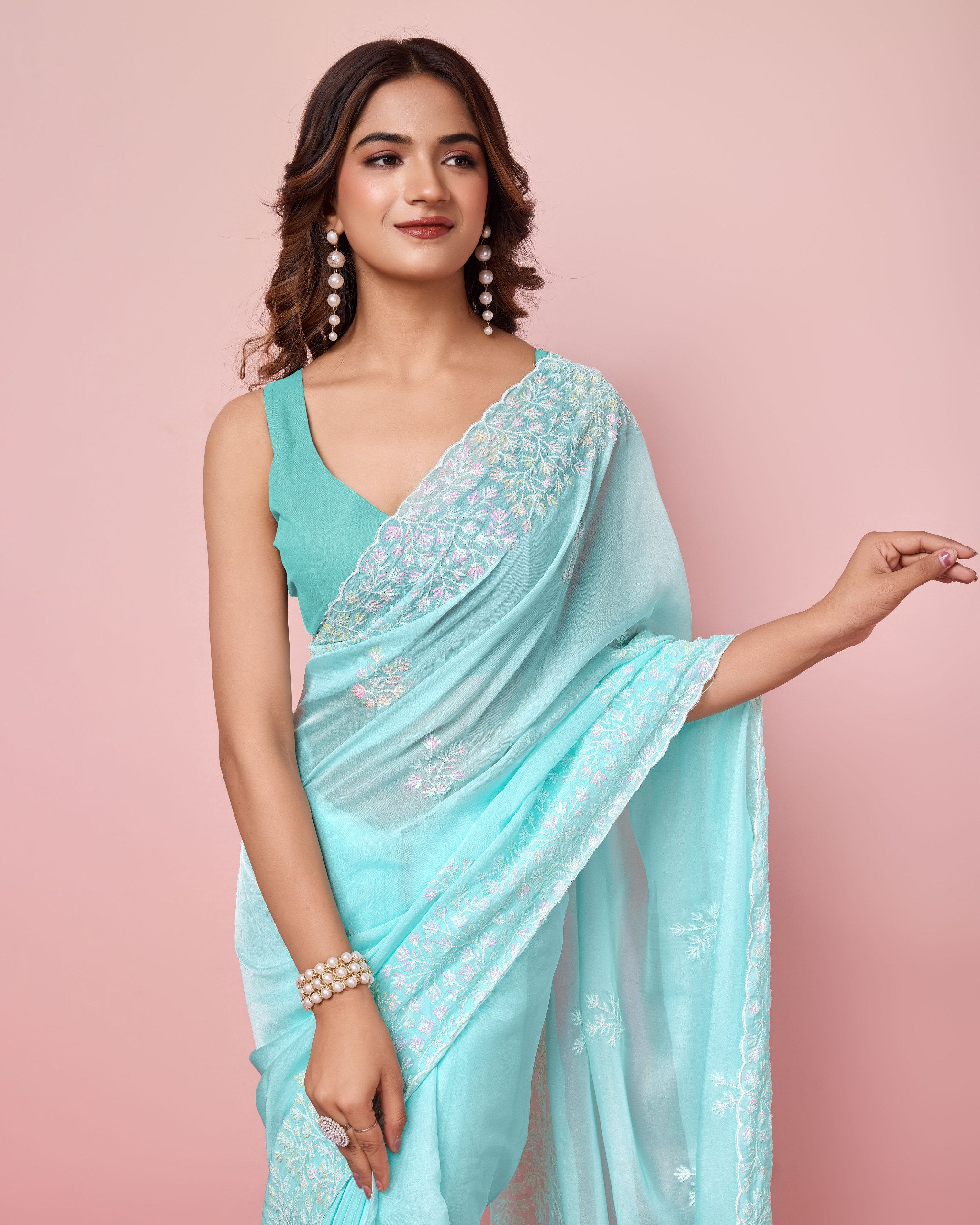 Taby Silk Sky Blue Saree with Sequin Embroidery Work and Matching Unstitched Blouse Colorful Saree