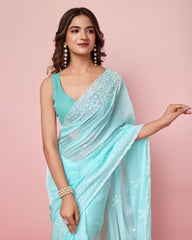 Taby Silk Sky Blue Saree with Sequin Embroidery Work and Matching Unstitched Blouse Colorful Saree