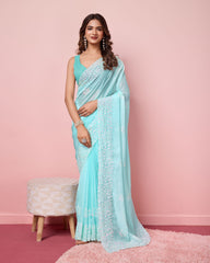 Taby Silk Sky Blue Saree with Sequin Embroidery Work and Matching Unstitched Blouse Colorful Saree