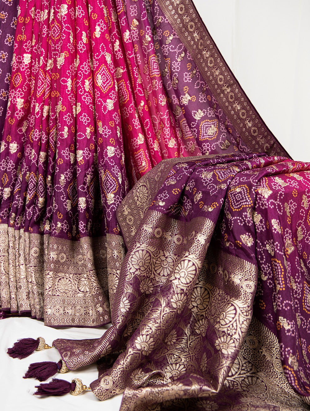 Pure Viscose Wine Bandhej Print Saree With Blouse - Complete Your Traditional Look Colorful Saree