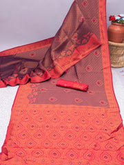 Wine Banarasi Soft Silk Saree with Exquisite Copper Zari Weaving Colorful Saree