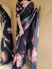 Black Color printed With Peral Lace Border Georgette Saree - Colorful Saree