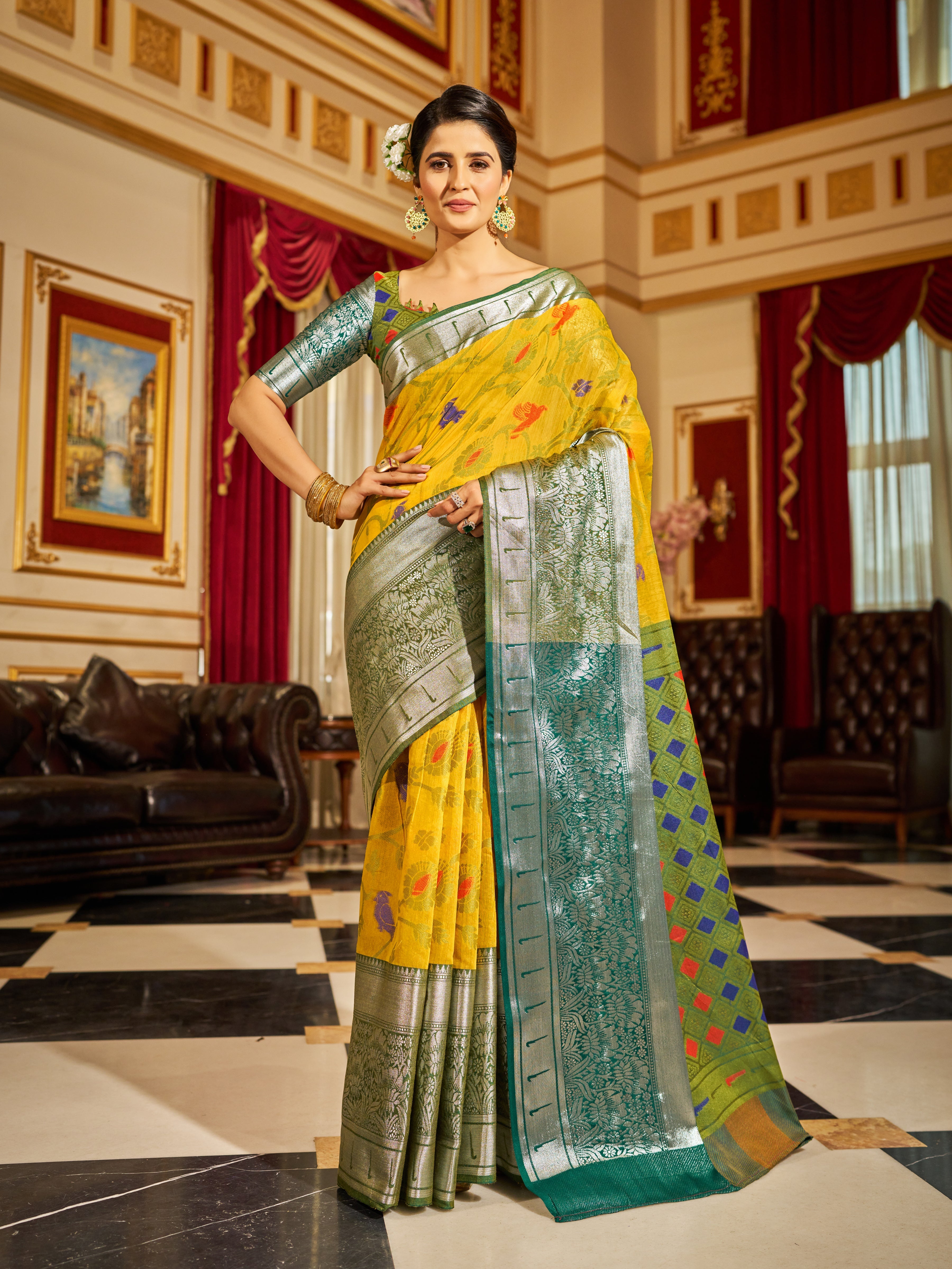 Sunshine Elegance - Yellow Soft Cotton Saree with Woven Design Colorful Saree