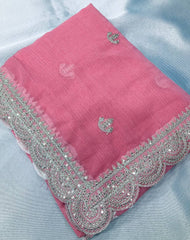 Zari Embroidered baby pink Saree in Zomato Chiffon Silk with Cutwork Border - Perfect for Weddings Colorful Saree