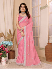 Zari Embroidered baby pink Saree in Zomato Chiffon Silk with Cutwork Border - Perfect for Weddings Colorful Saree