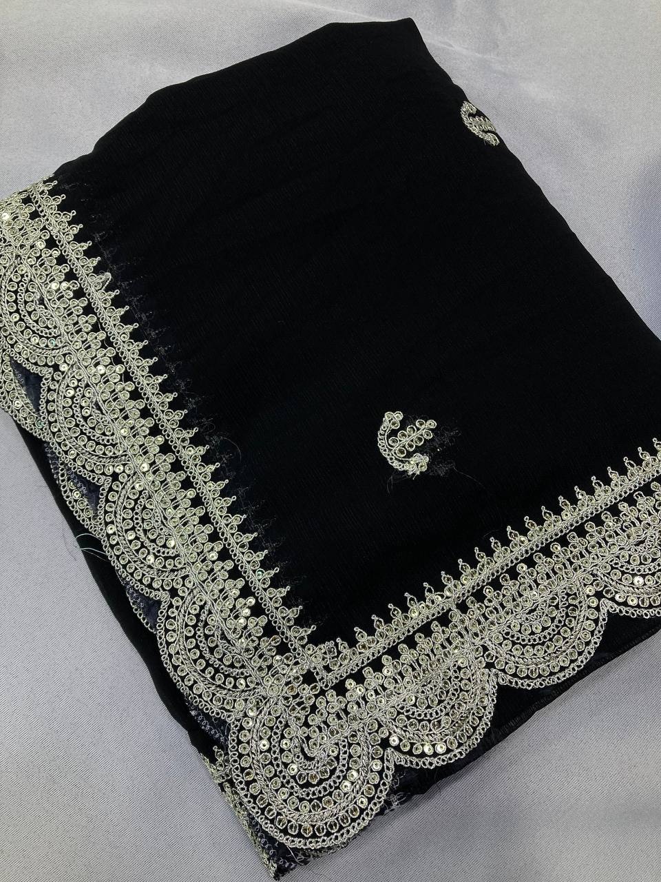 Zari Embroidered black Saree in Zomato Chiffon Silk with Cutwork Border - Perfect for Weddings Colorful Saree