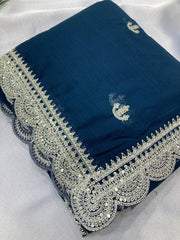 Zari Embroidered navy blue Saree in Zomato Chiffon Silk with Cutwork Border - Perfect for Weddings Colorful Saree