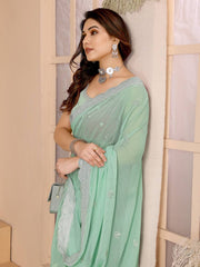 Zari Embroidered pista green Saree in Zomato Chiffon Silk with Cutwork Border - Perfect for Weddings Colorful Saree