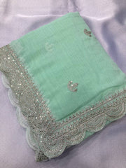 Zari Embroidered pista green Saree in Zomato Chiffon Silk with Cutwork Border - Perfect for Weddings Colorful Saree