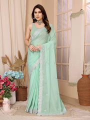 Zari Embroidered pista green Saree in Zomato Chiffon Silk with Cutwork Border - Perfect for Weddings Colorful Saree