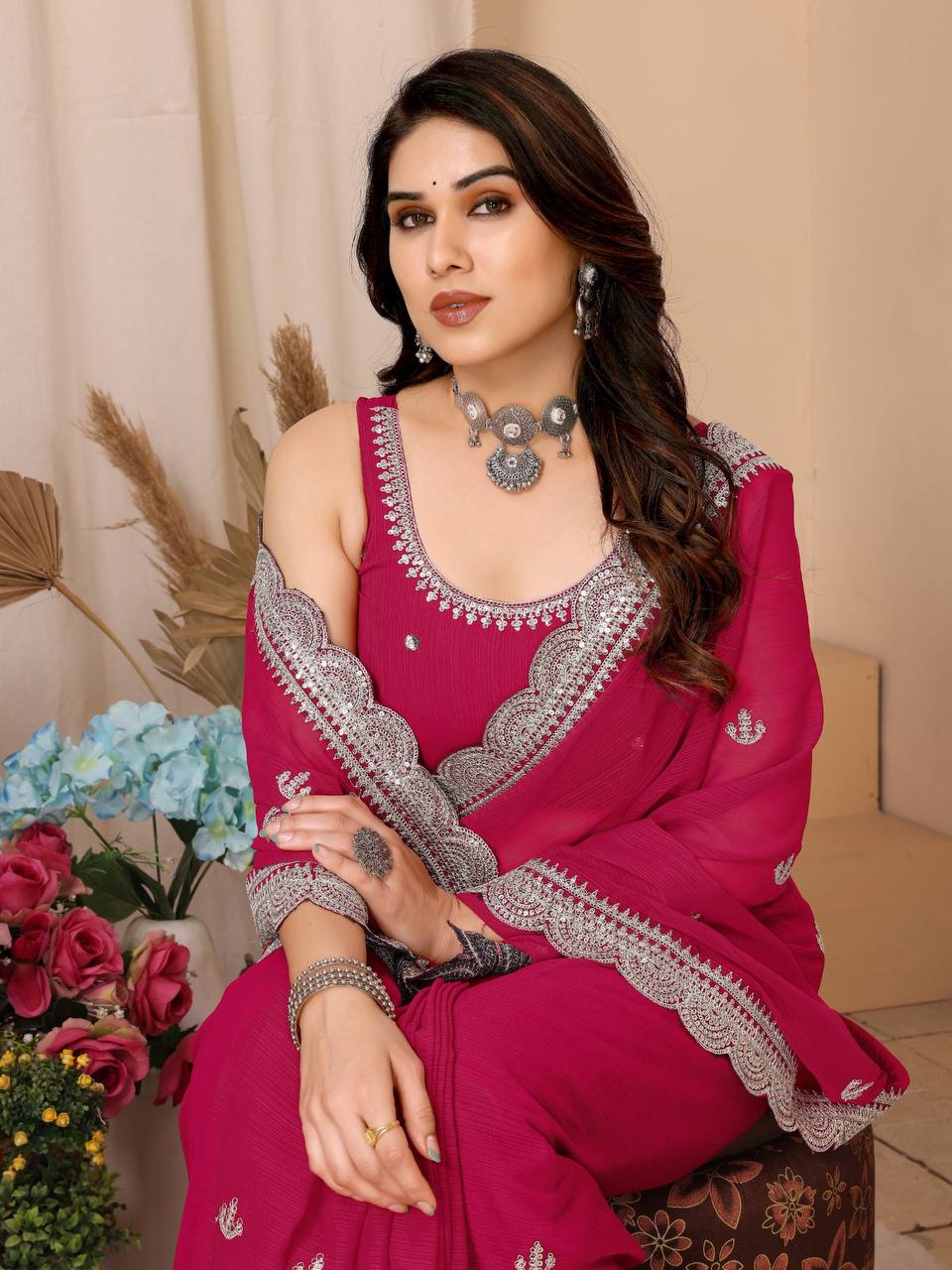 Zari Embroidered rani pink Saree in Zomato Chiffon Silk with Cutwork Border - Perfect for Weddings Colorful Saree