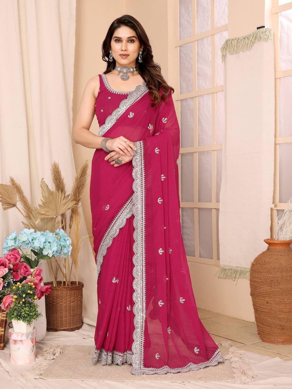 Zari Embroidered rani pink Saree in Zomato Chiffon Silk with Cutwork Border - Perfect for Weddings Colorful Saree