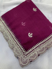 Zari Embroidered wine Saree in Zomato Chiffon Silk with Cutwork Border - Perfect for Weddings Colorful Saree