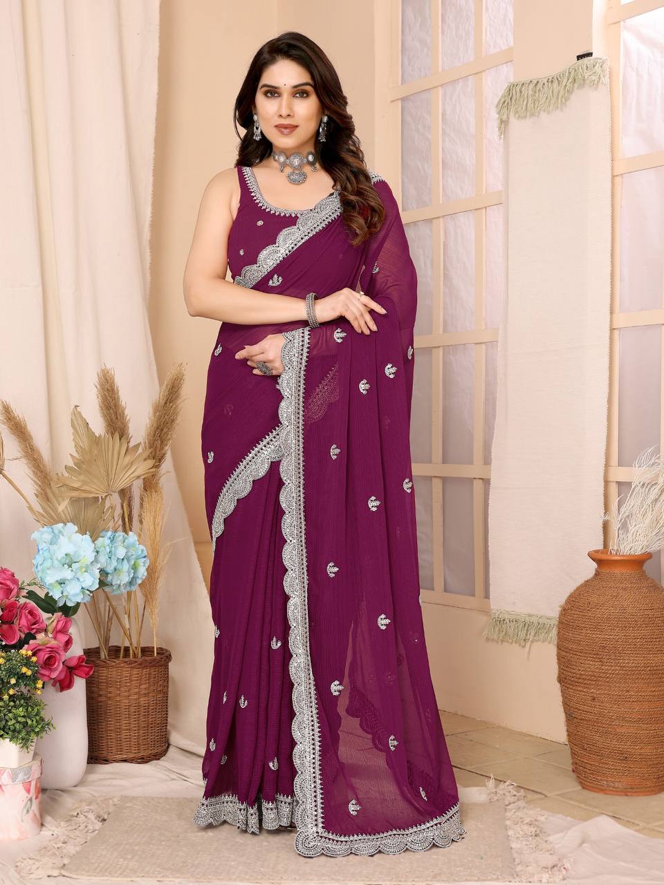 Zari Embroidered wine Saree in Zomato Chiffon Silk with Cutwork Border - Perfect for Weddings Colorful Saree