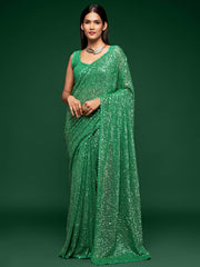 Lovely Mint Green Sequined Georgette Party Wear Saree - Colorful Saree