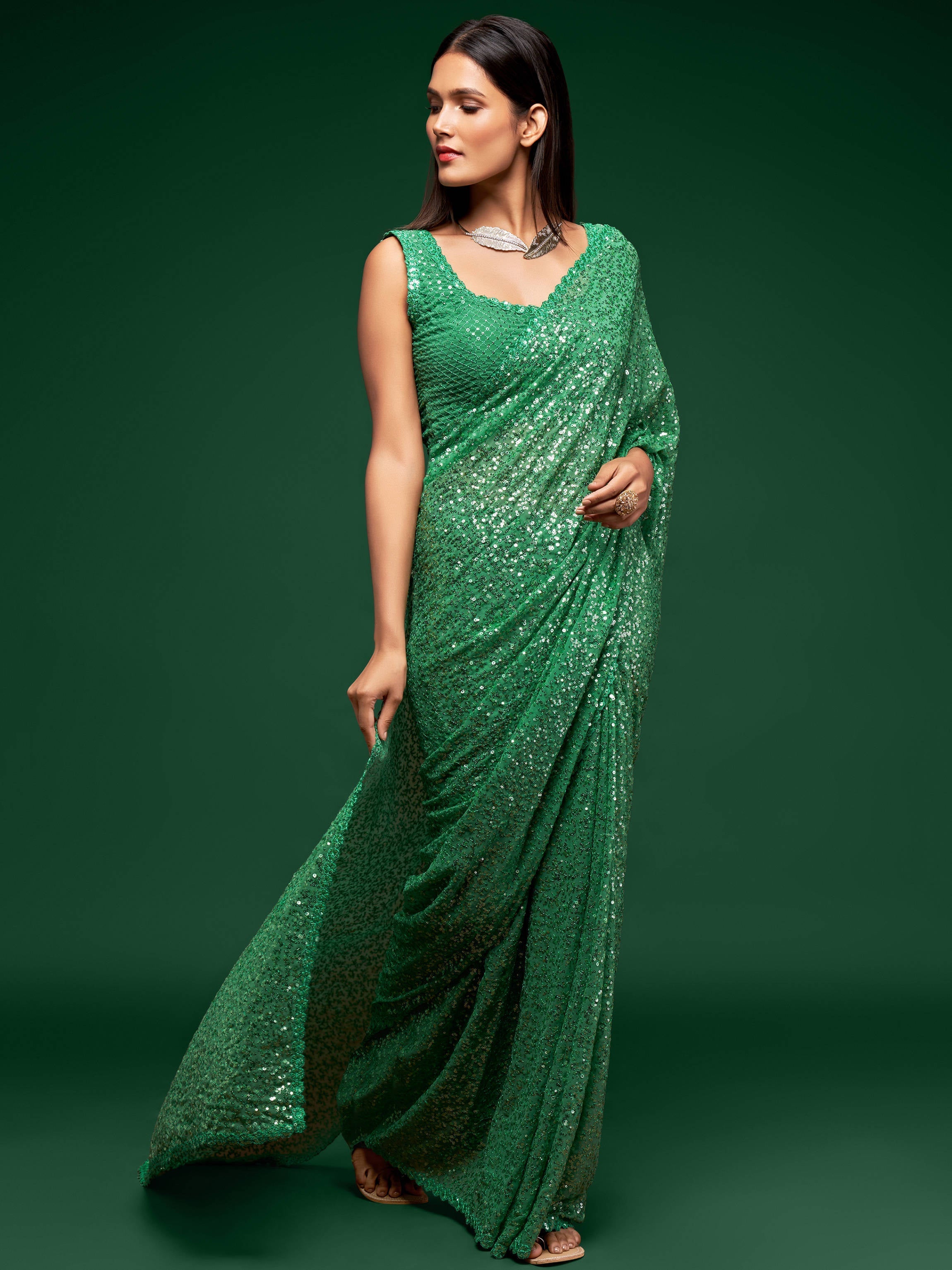 Lovely Mint Green Sequined Georgette Party Wear Saree - Colorful Saree