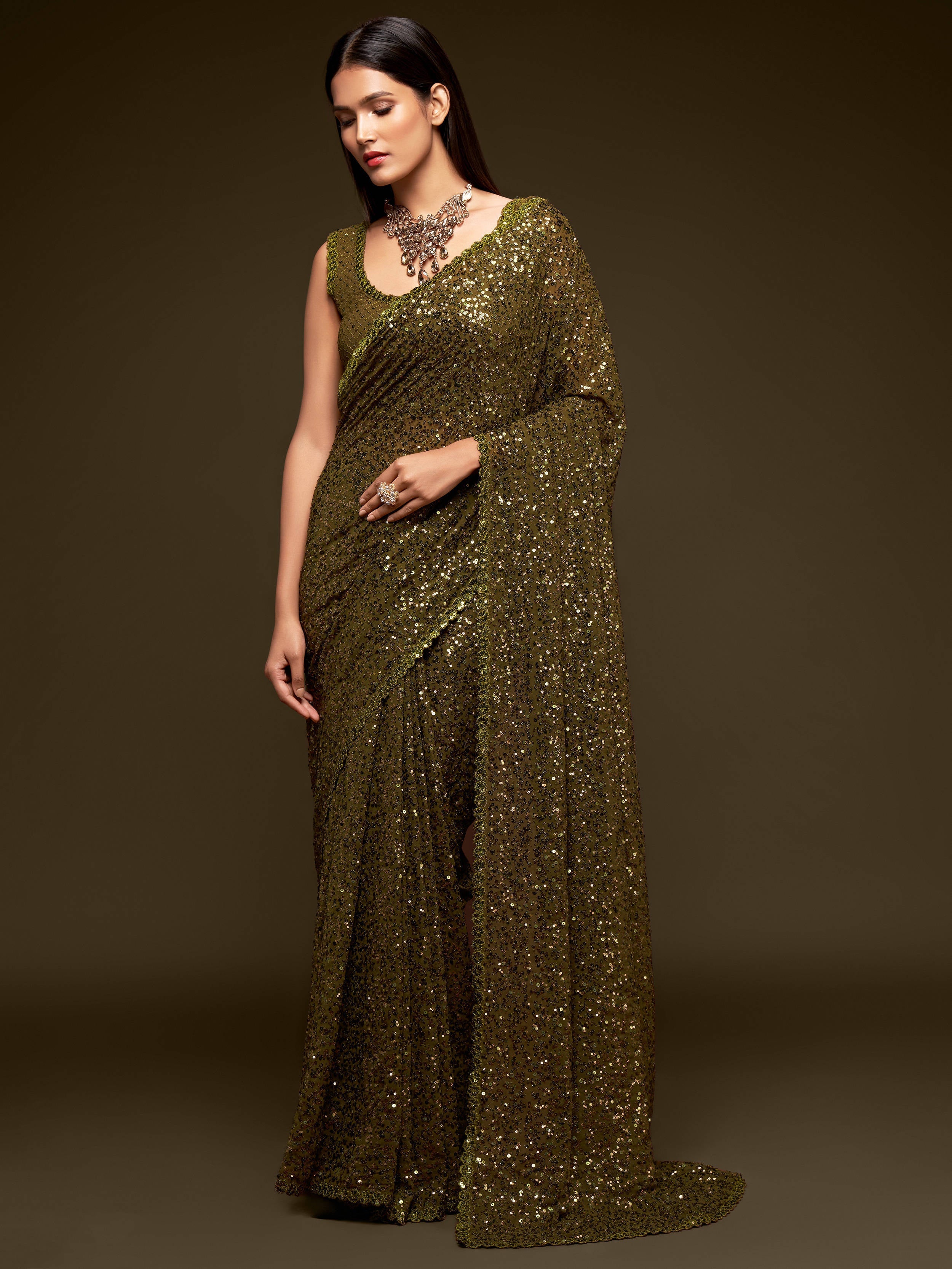 Superb Olive Green Sequined Georgette Party Wear Saree - Colorful Saree