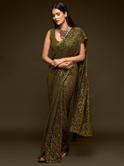 Superb Olive Green Sequined Georgette Party Wear Saree - Colorful Saree