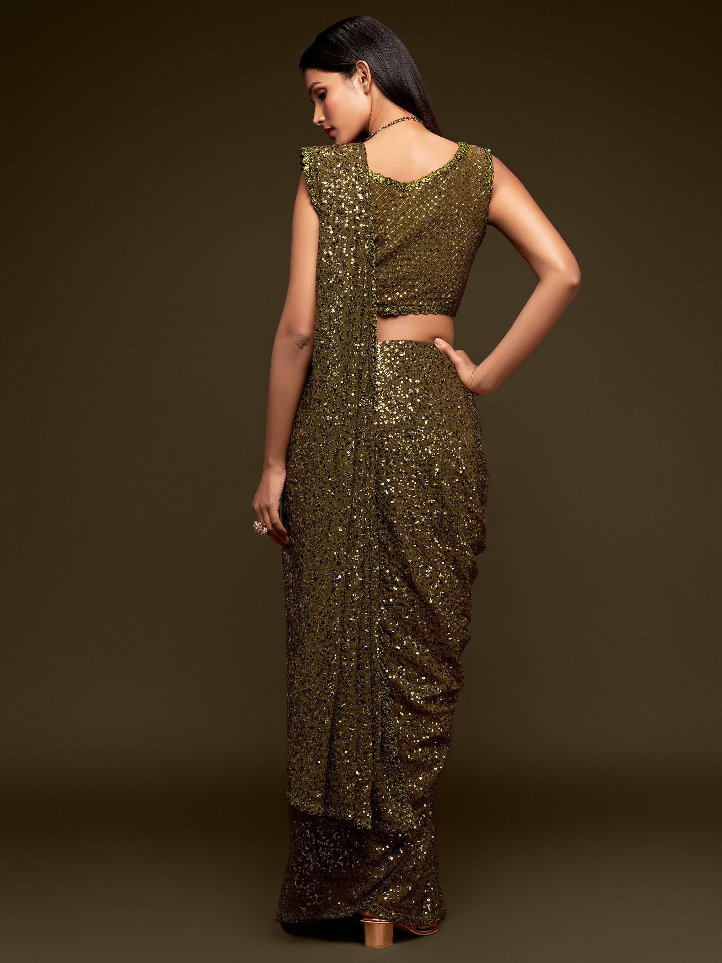 Superb Olive Green Sequined Georgette Party Wear Saree - Colorful Saree