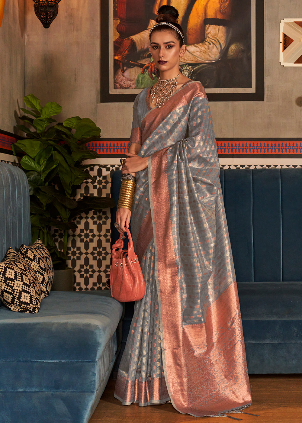 Steel Grey Zari Woven Tissue Silk Saree - Colorful Saree