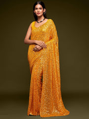 Lovely Honey Yellow Sequined Georgette Party Wear Saree - Colorful Saree