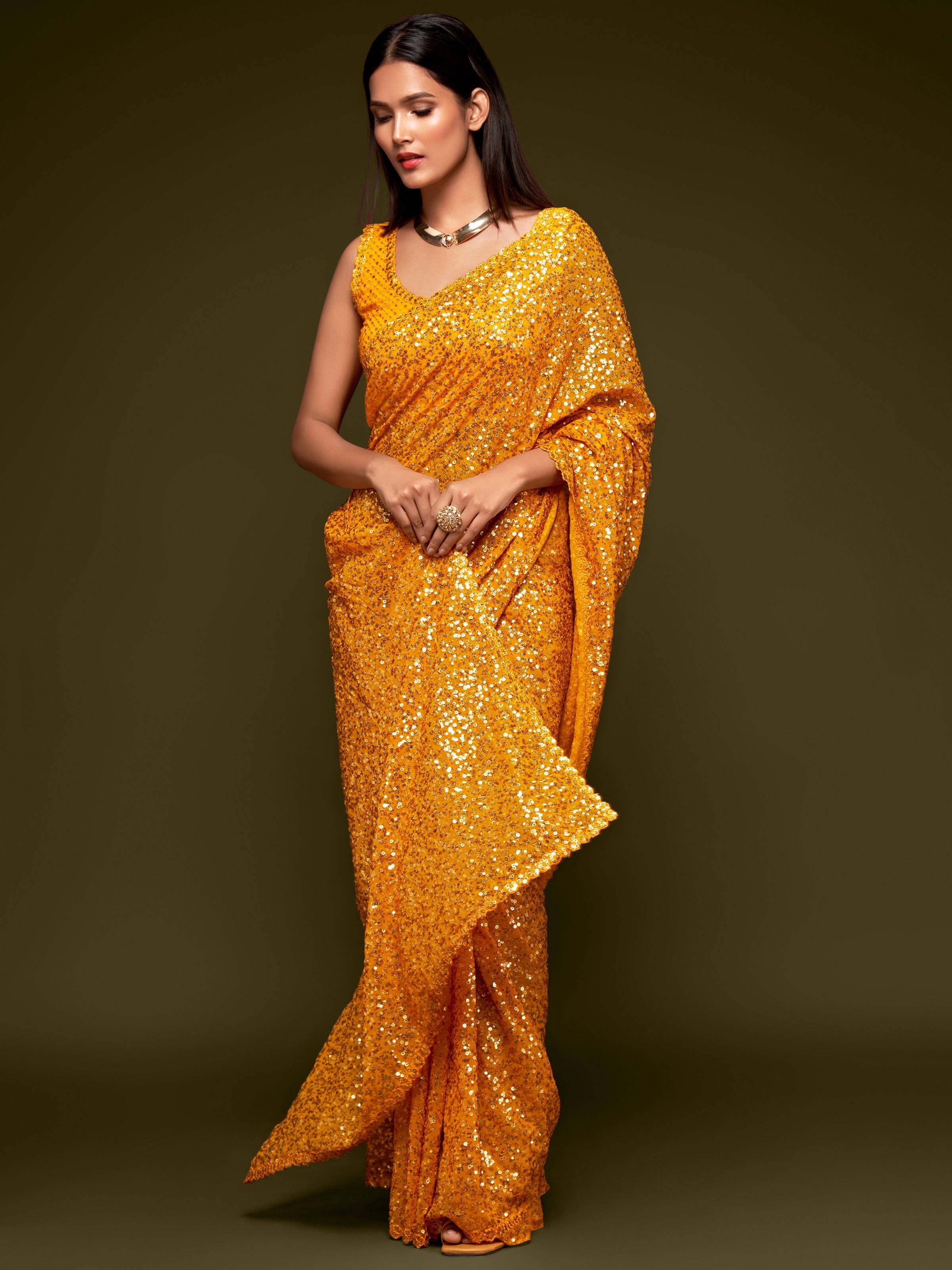 Lovely Honey Yellow Sequined Georgette Party Wear Saree - Colorful Saree