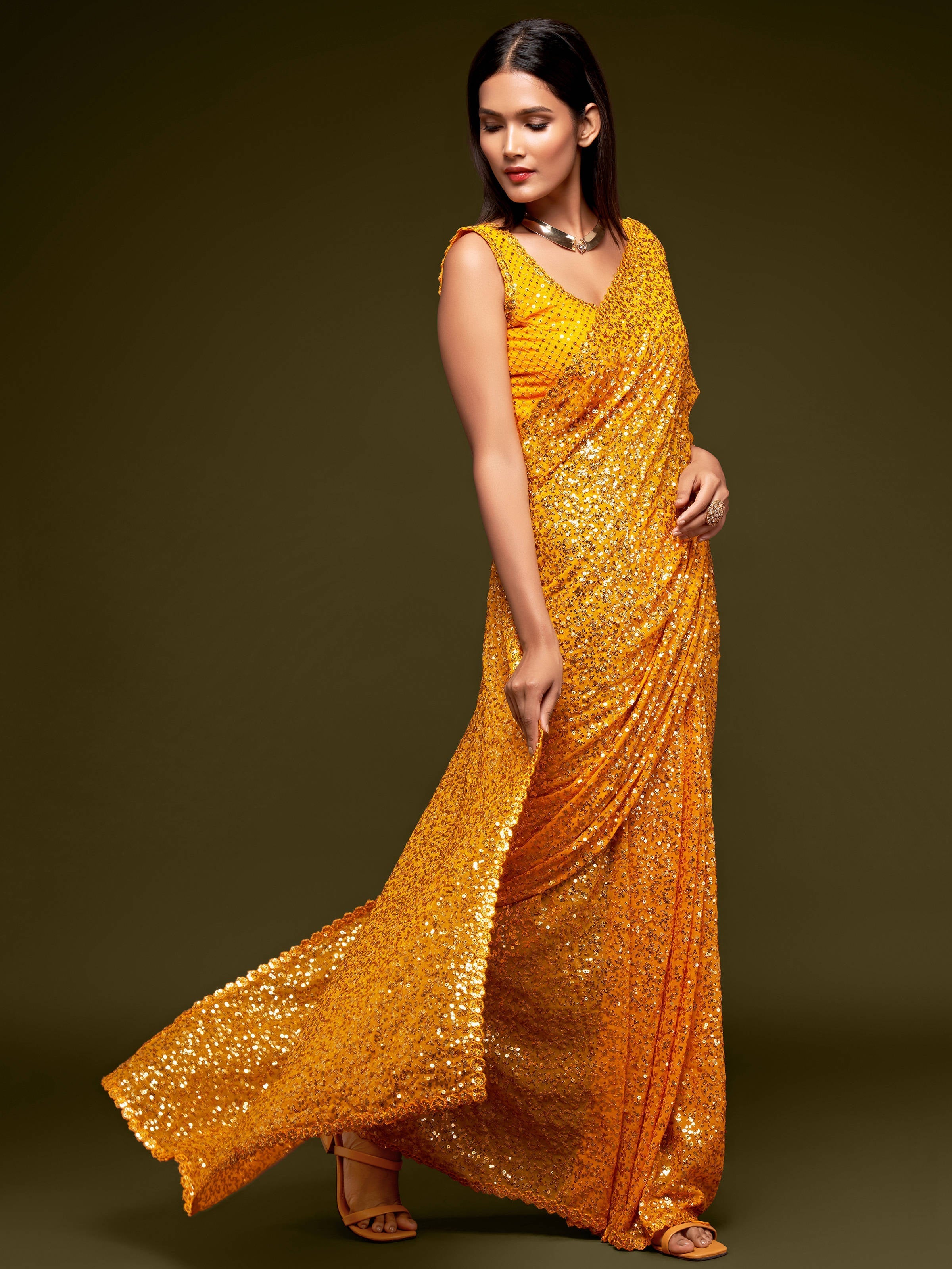 Lovely Honey Yellow Sequined Georgette Party Wear Saree - Colorful Saree