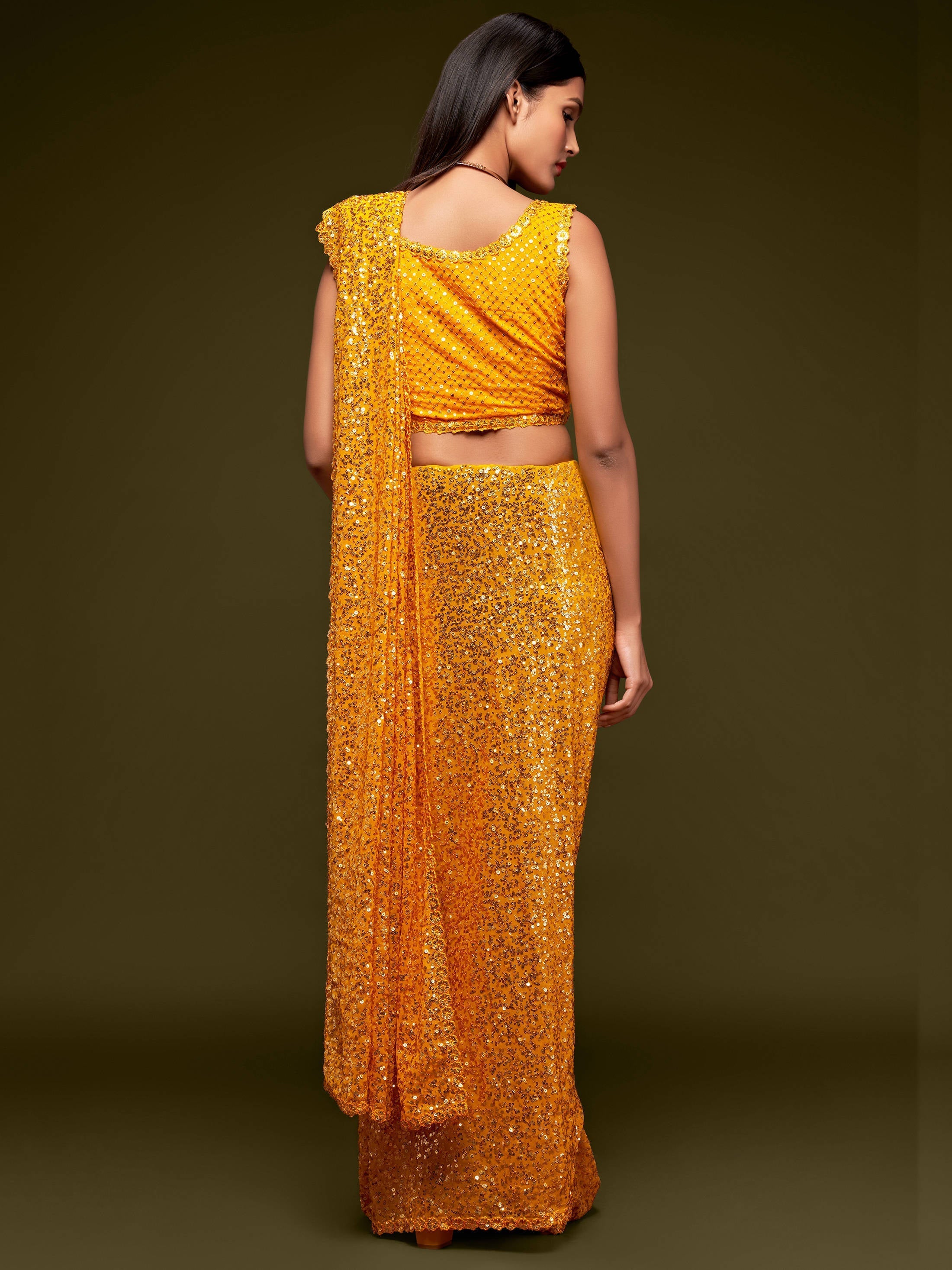 Lovely Honey Yellow Sequined Georgette Party Wear Saree - Colorful Saree