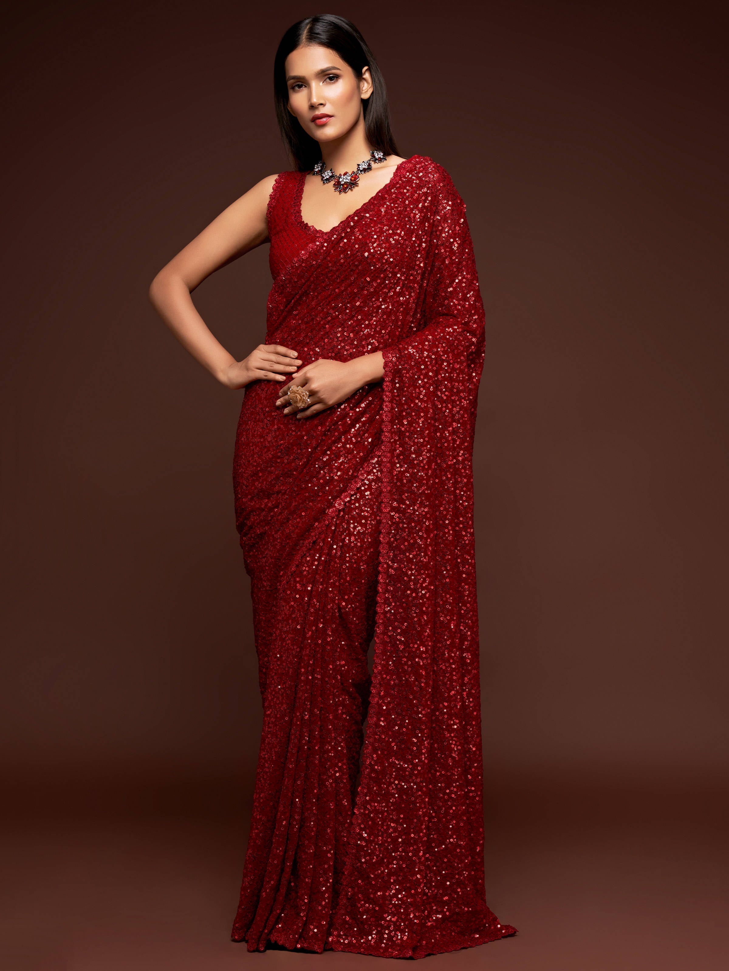 Hot Ruby Red Sequined Georgette Party Wear Saree - Colorful Saree