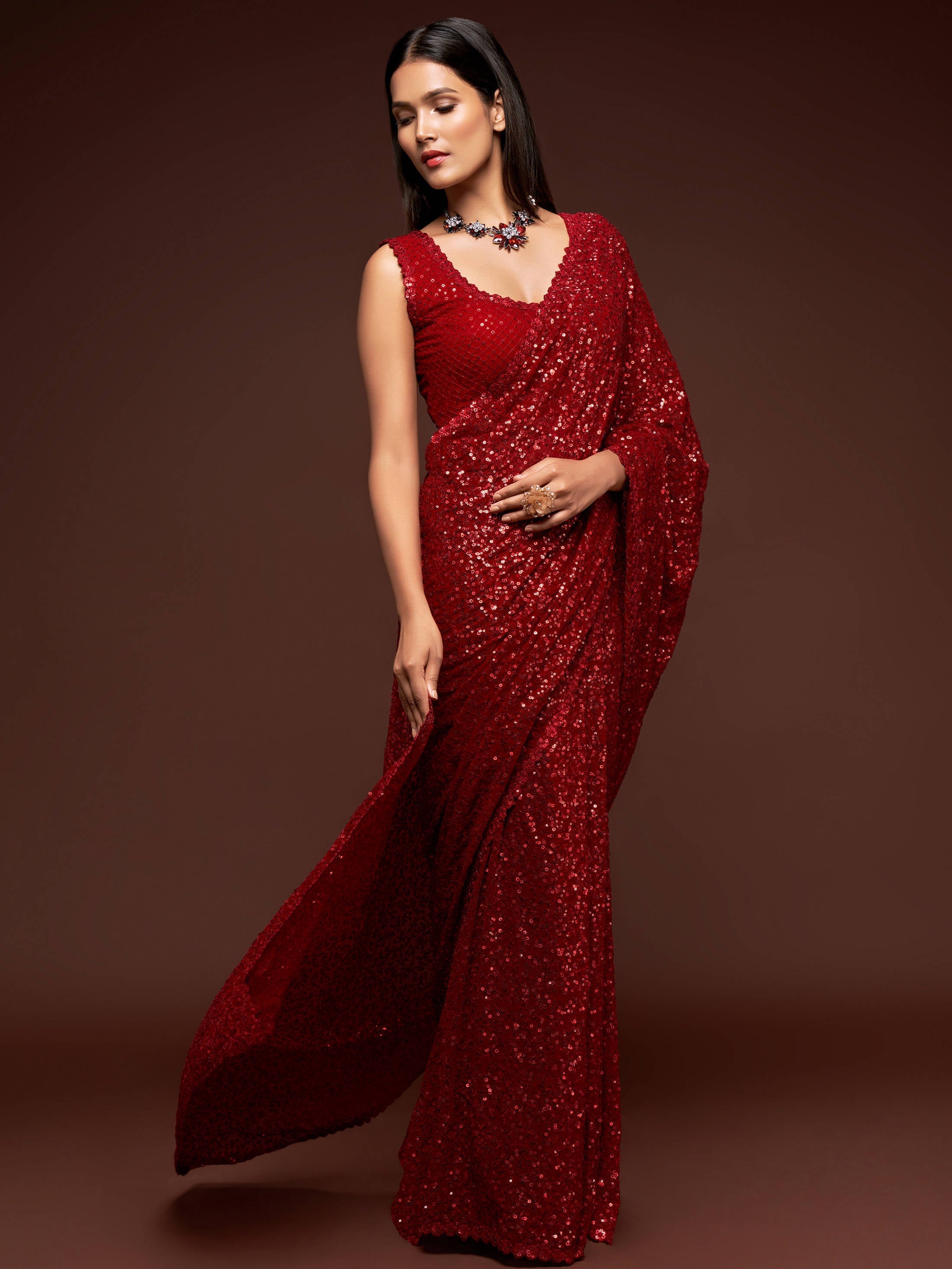 Hot Ruby Red Sequined Georgette Party Wear Saree - Colorful Saree