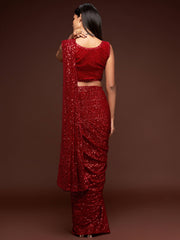 Hot Ruby Red Sequined Georgette Party Wear Saree - Colorful Saree