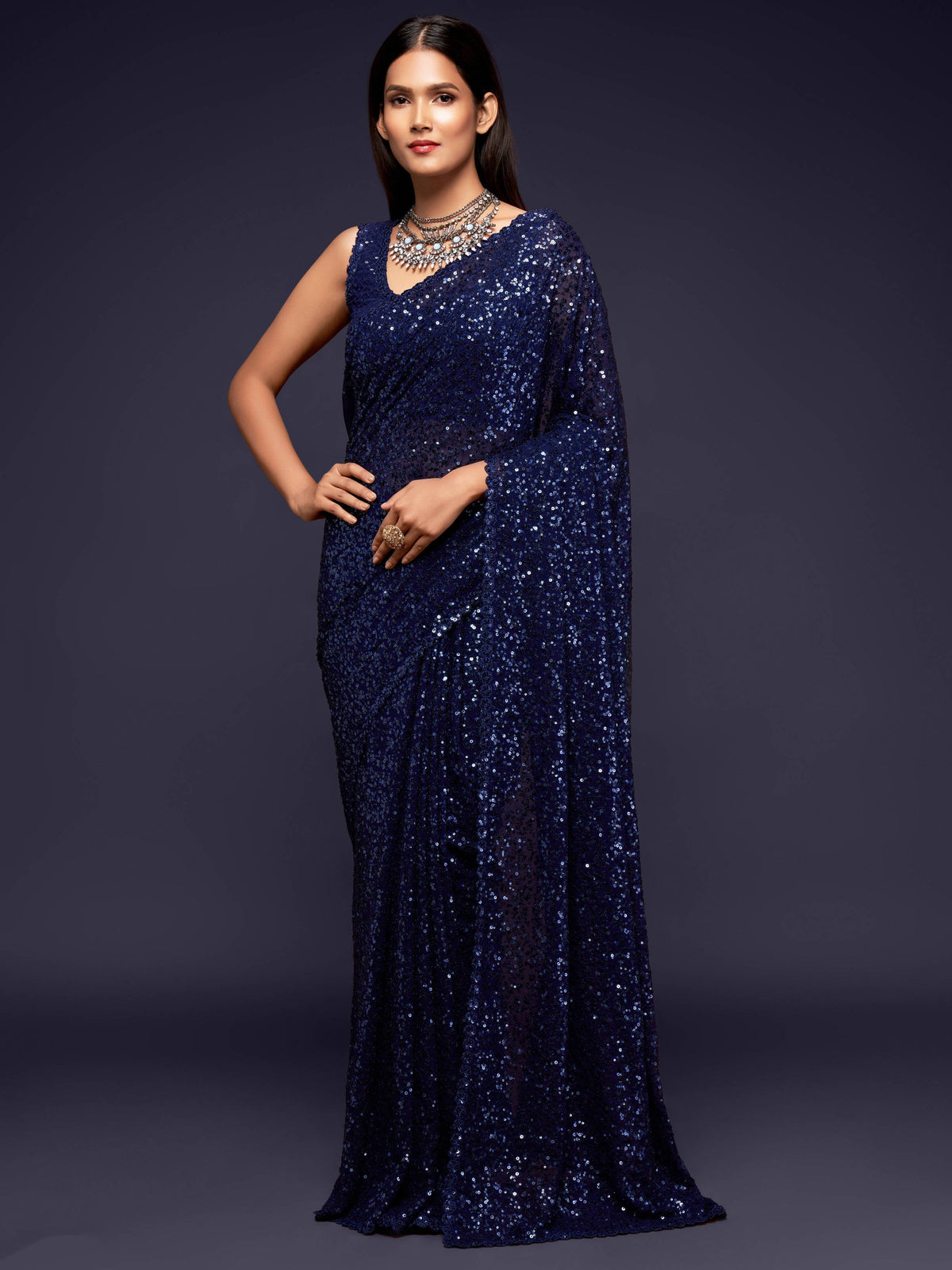 Pretty Blush Blue Sequined Georgette Party Wear Saree - Colorful Saree