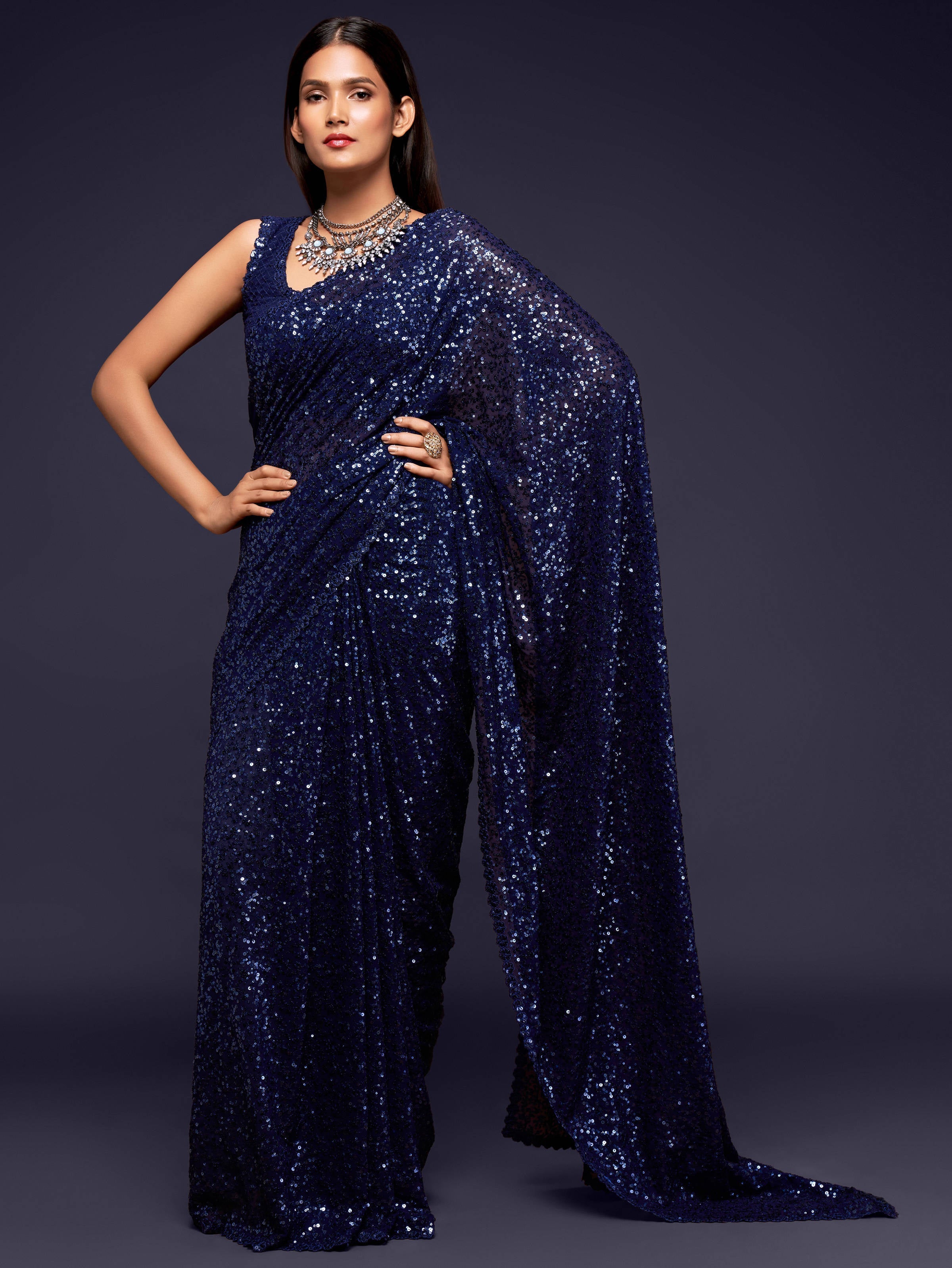 Pretty Blush Blue Sequined Georgette Party Wear Saree - Colorful Saree