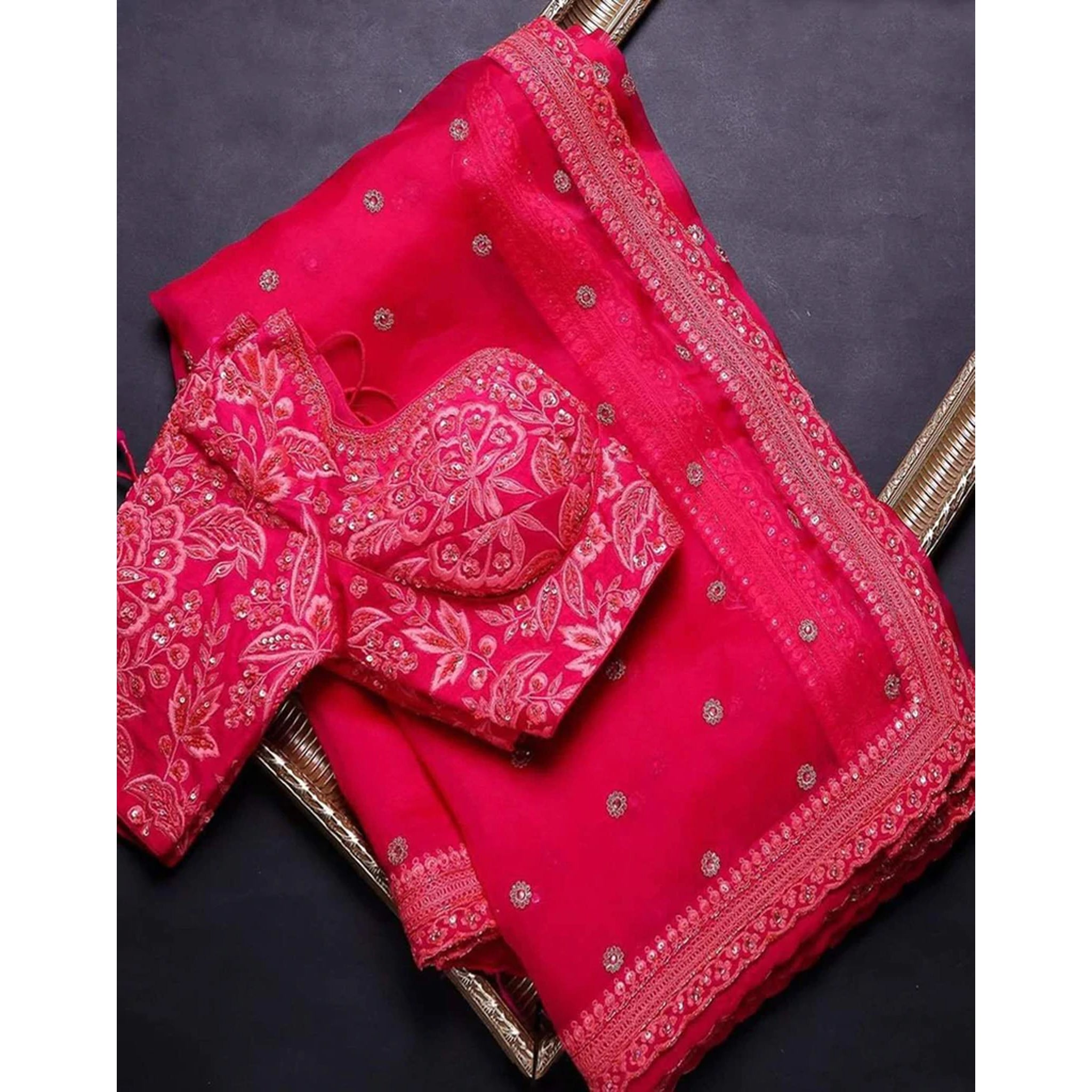 Neon Pink Organza Silk Saree with Heavy Embroidery Work - Colorful Saree