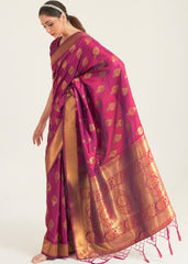 Hibiscus Purple Zari Butta Woven Banasari Silk Saree - Colorful Saree