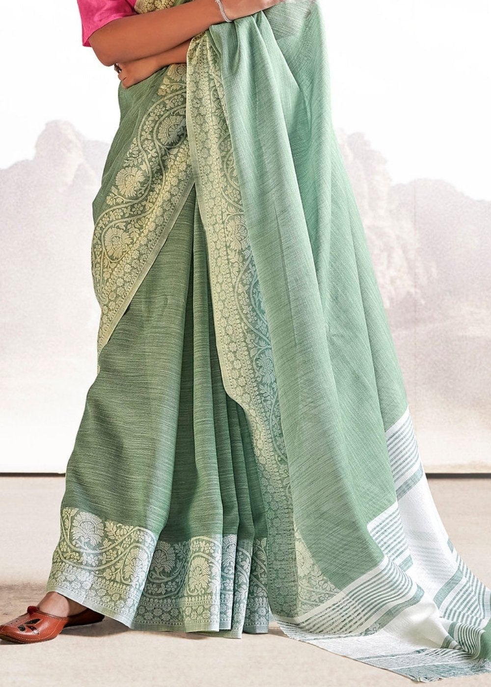 Viridian Green Soft Linen Silk Saree with Lucknowi work and Sequence Blouse - Colorful Saree