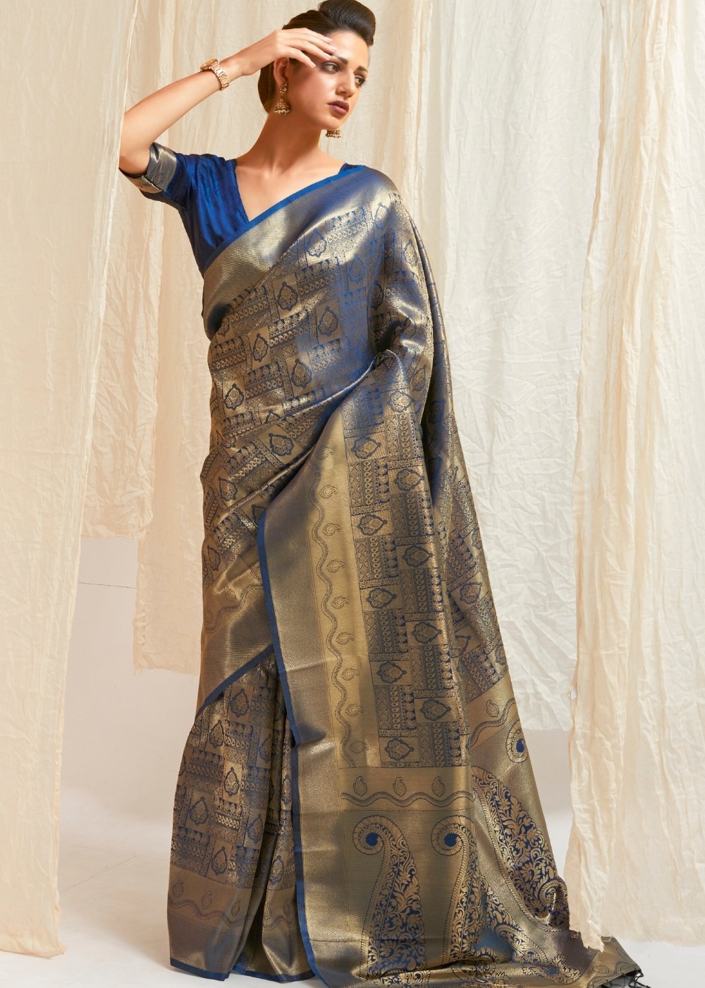 Lapis Blue & Golden Blend Kanjivaram Silk Saree - Colorful Saree