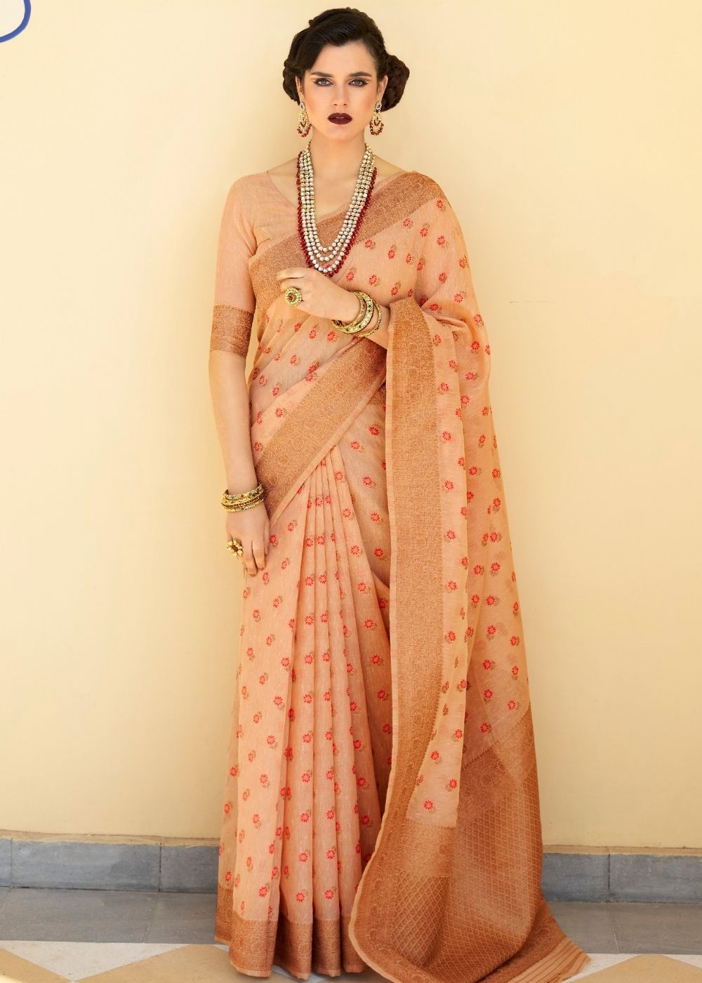 Cantaloupe Orange Pure Linen Woven Silk Saree with Zari work on Border and Pallu - Colorful Saree