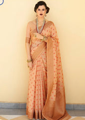 Cantaloupe Orange Pure Linen Woven Silk Saree with Zari work on Border and Pallu - Colorful Saree