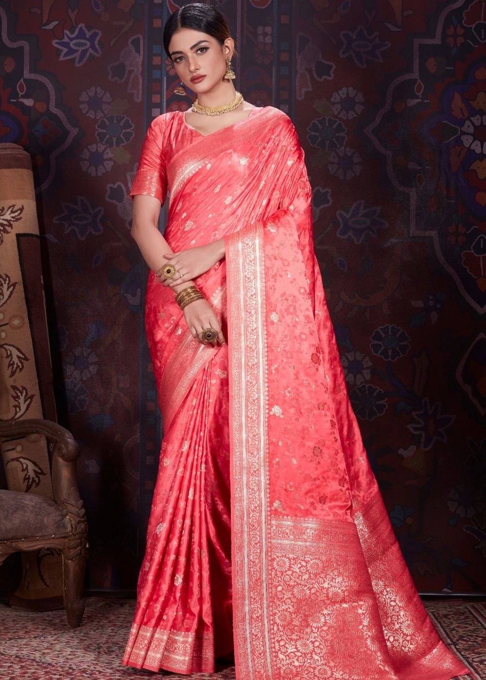 Persian Red Zari Woven Satin Silk Saree - Colorful Saree