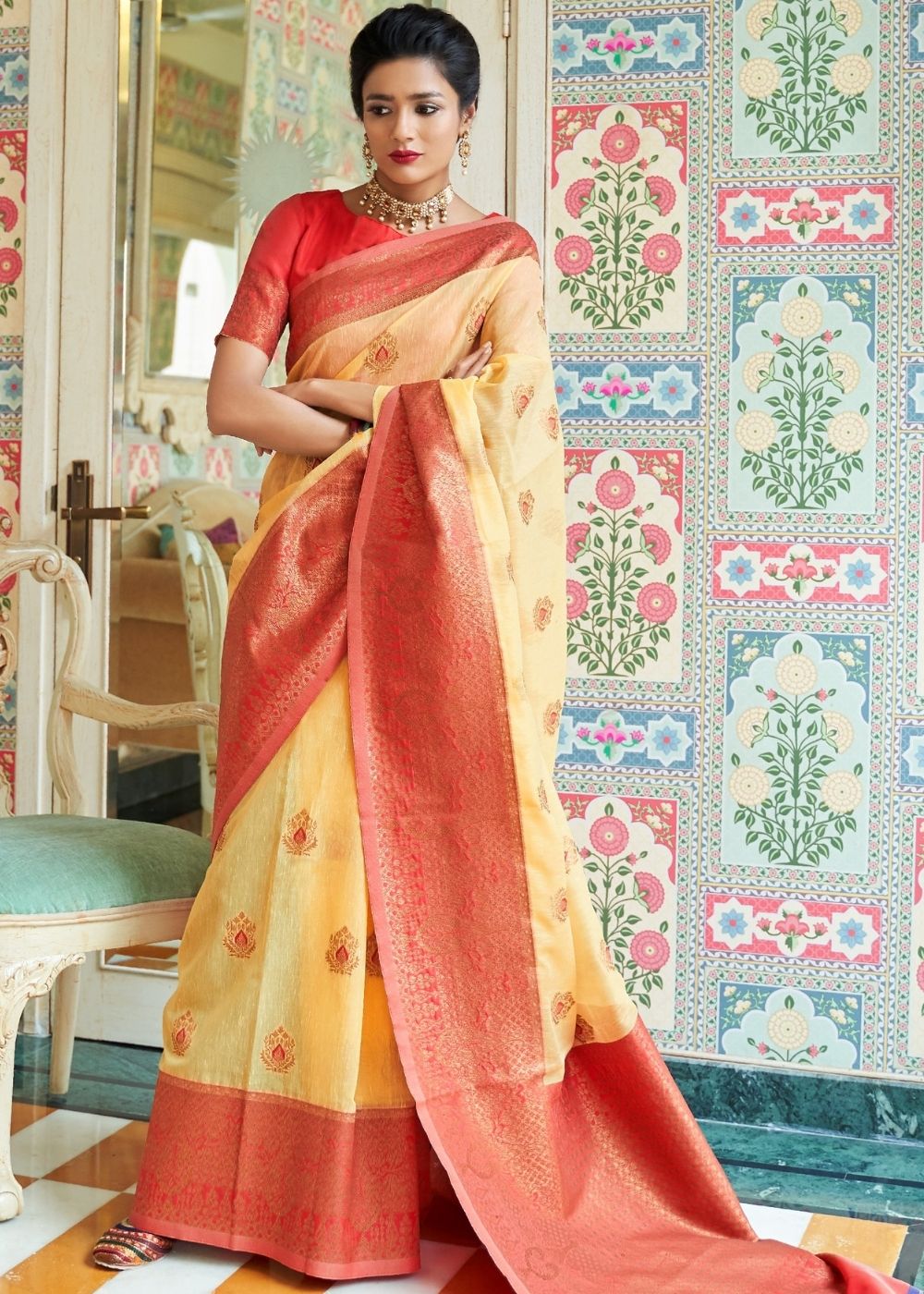 Yellow Woven Linen Silk Saree with Butti overall - Colorful Saree