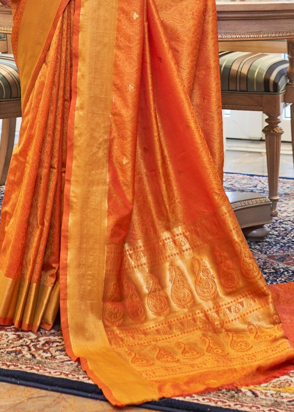 Pumpkin Orange Ultra Soft Kanjivaram Silk Saree with Zari Border and Pallu - Colorful Saree