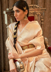 Parchment White & Golden Zari Woven Kanjivaram Silk Saree with Tassels on Pallu - Colorful Saree