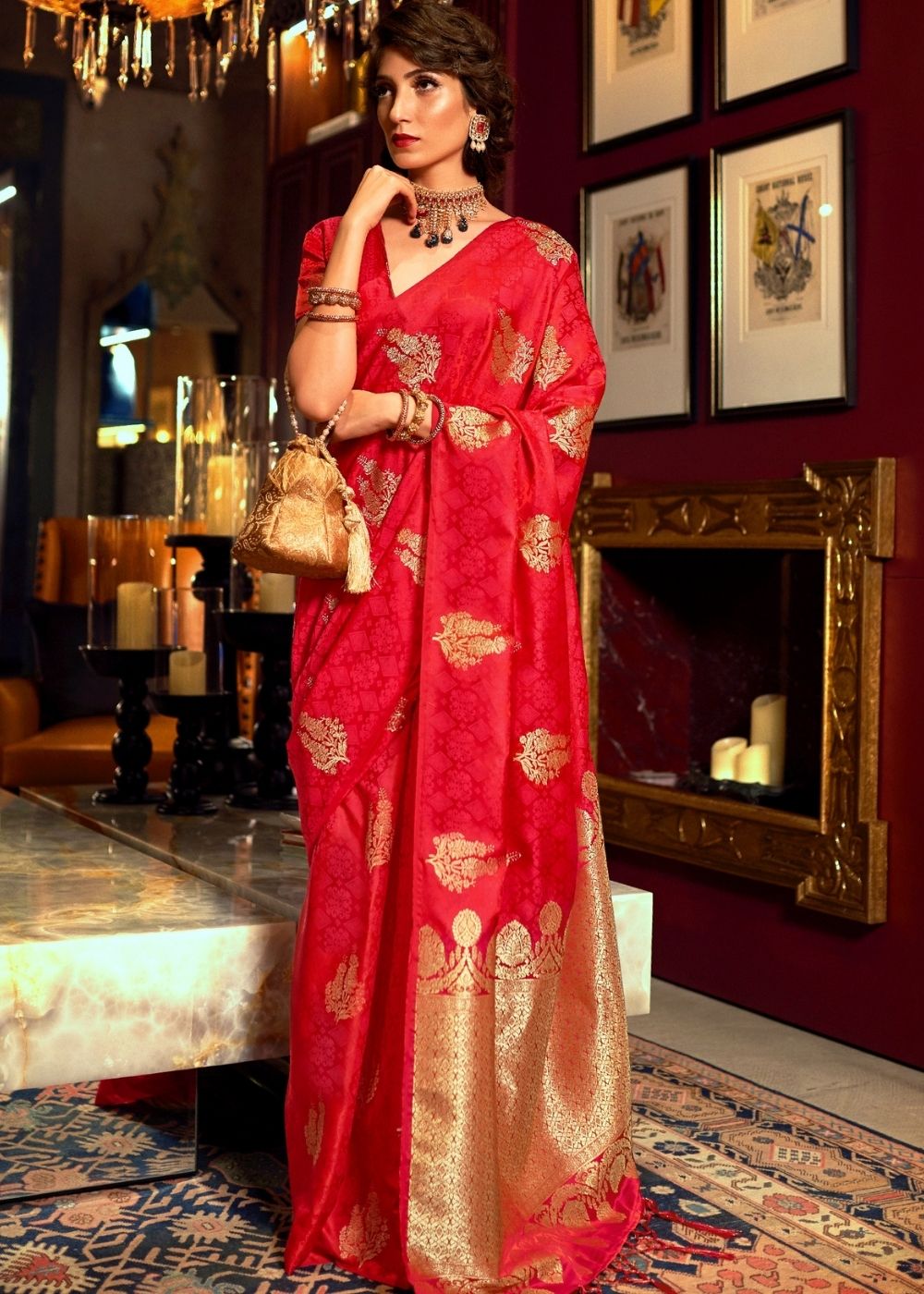 Scarlet Red Satin Woven Silk Saree with overall Golden Buti - Colorful Saree